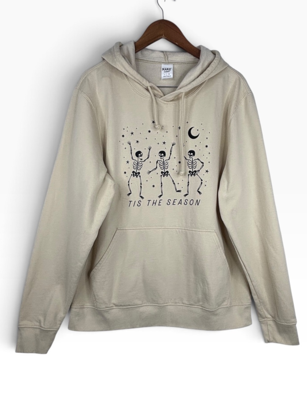 Make Market Beige & 3 Dancing Skelton Stars & Moon Graphic Tis The Season Hoodie
